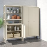 Beige KOLBJÖRN storage unit with shelves, cabinets & hanging rail. Powder-coated steel, indoor/outdoor use, stable feet.