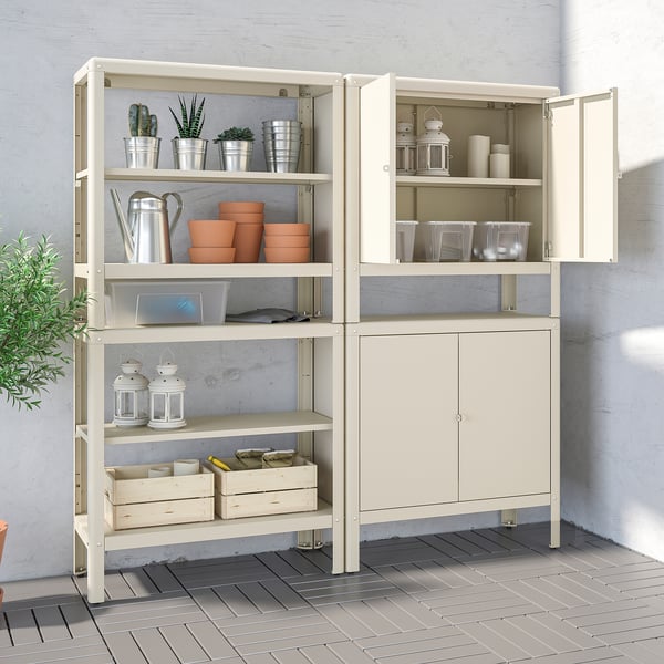 Item: KOLBJÖRN in beige. Steel made, multi-shelf storage. Shelves hold pots, tools, and decor. Sized large for patio or garage use.
