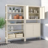 Item: KOLBJÖRN in beige. Steel made, multi-shelf storage. Shelves hold pots, tools, and decor. Sized large for patio or garage use.