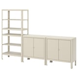 KOLBJÖRN storage units in beige, combining open shelves and cabinets made of powder-coated steel.