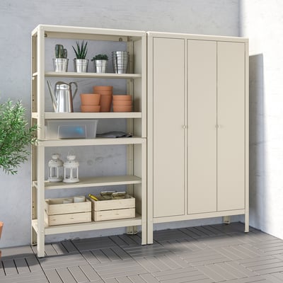 KOLBJÖRN off-white outdoor cabinet and shelves, large, storage for tools, and plant pots, powder-coated steel, adjustable feet.