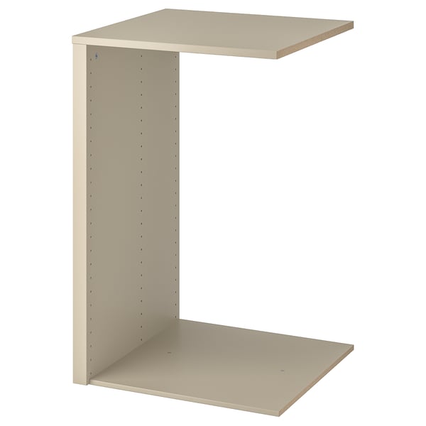 An ikea KOMPLEMENT beige wardrobe organizer in an l-shape with panels for custom storage.