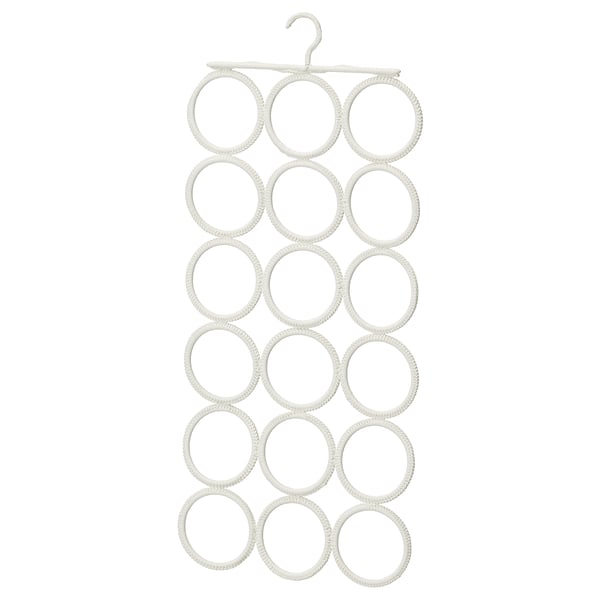 KOMPLEMENT white hanger, stores 18 accessories, utilizes space efficiently.
