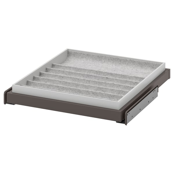 KOMPLEMENT pull-out tray organizer, light grey, plastic and felt, rectangular, multiple compartments.