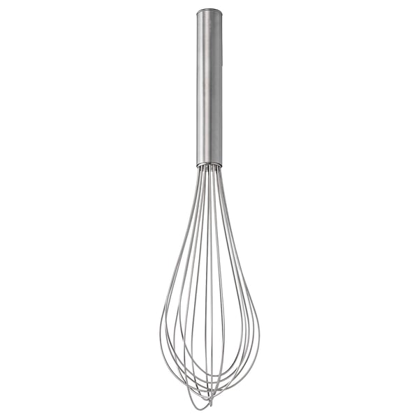 A KONCIS whisk, silver in color, made of stainless steel. It has a round handle and several wire loops for mixing.