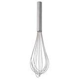 A KONCIS whisk, silver in color, made of stainless steel. It has a round handle and several wire loops for mixing.