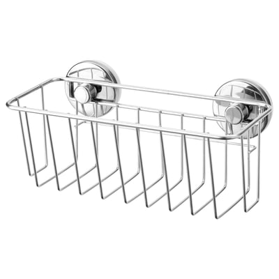 KROKFJORDEN silver shower basket with suction cups for wall mounting.