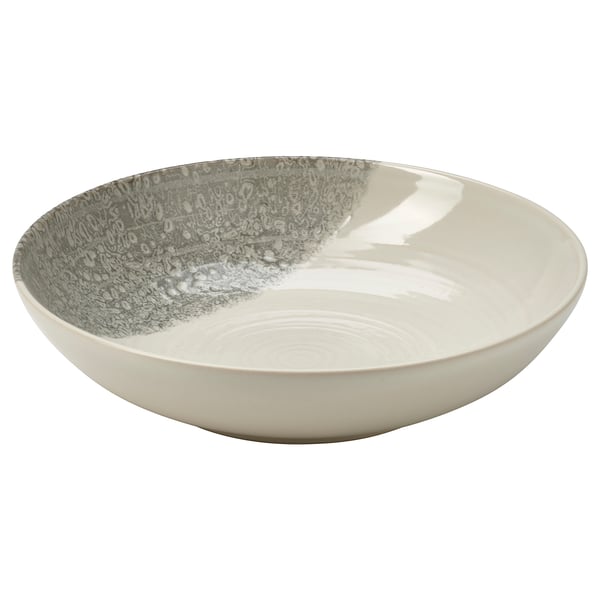 KRUSTISTEL bowl, gray and white, shallow, round, stoneware with textured glaze.
