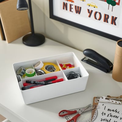KUGGIS tray with office supplies on desk.