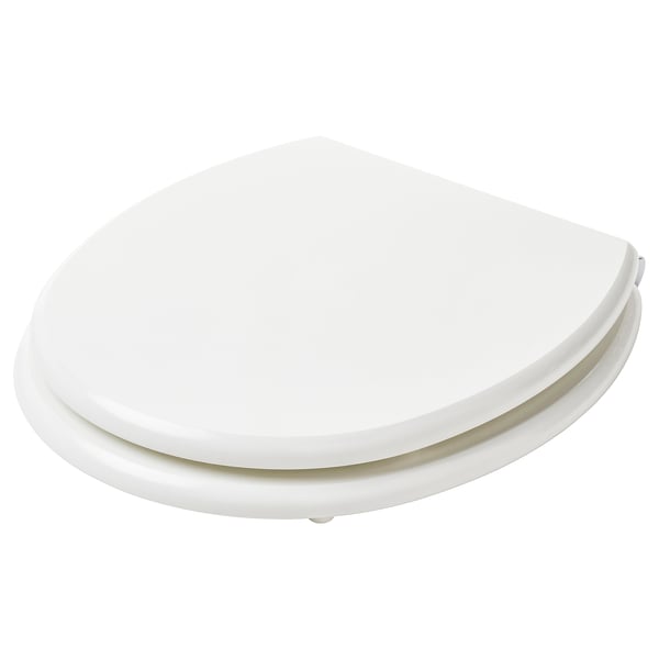 A KULLARNA toilet seat. It is white, made of fiberboard with a powder coating. The design is simple and rounded, featuring a slow-close mechanism.