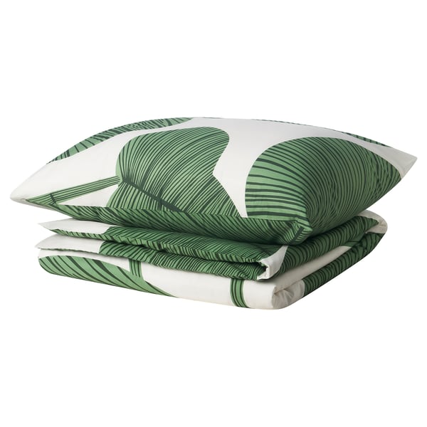 KUNGSCISSUS white duvet set with green leaves. 100% cotton percale weave.