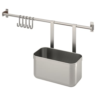 A silver KUNGSFORS kitchen organizer with a rectangular container and multiple hooks attached to a stainless steel rail.