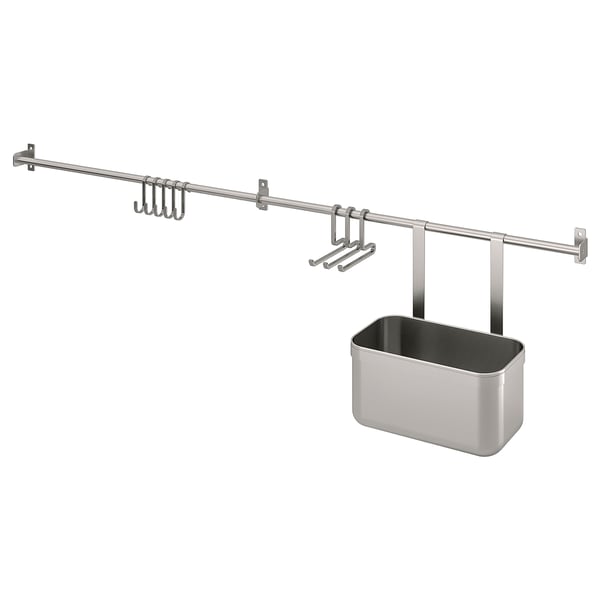 KUNGSFORS stainless steel kitchen rail with hooks and container. Modern, space-saving design.
