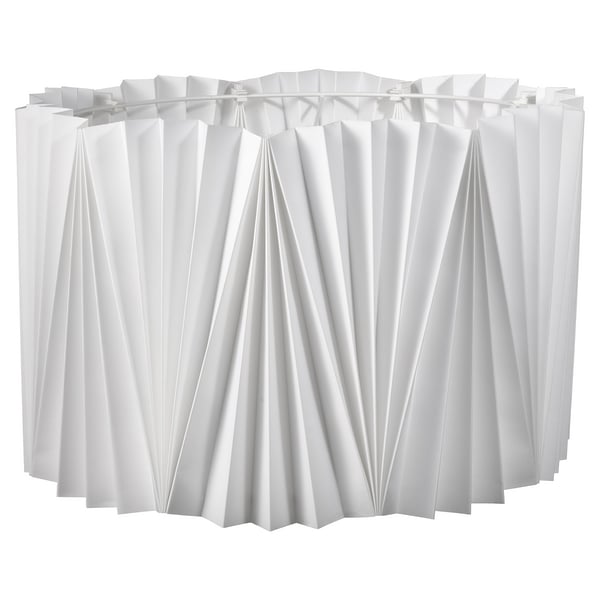 White KUNGSHULT lamp with pleated skirt design, polyester & polystyrene.