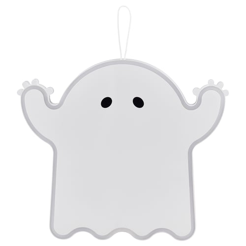 Depicts a small, white KUSTFYR ghost-shaped plastic decorator, featuring two black eyes, a loop at the top for hanging, and a wavy base.