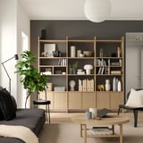 Minimalist living room with bookshelf, sofa, coffee table, and lamp.