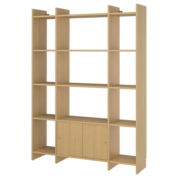 Wooden LÅDMAKARE unit with open shelves and sliding doors for storage.
