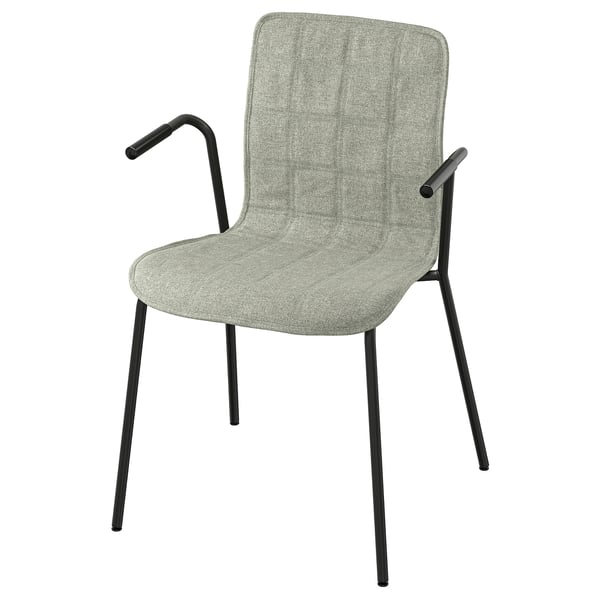Modern gray fabric chair with black metal arms and legs, minimalist design.
