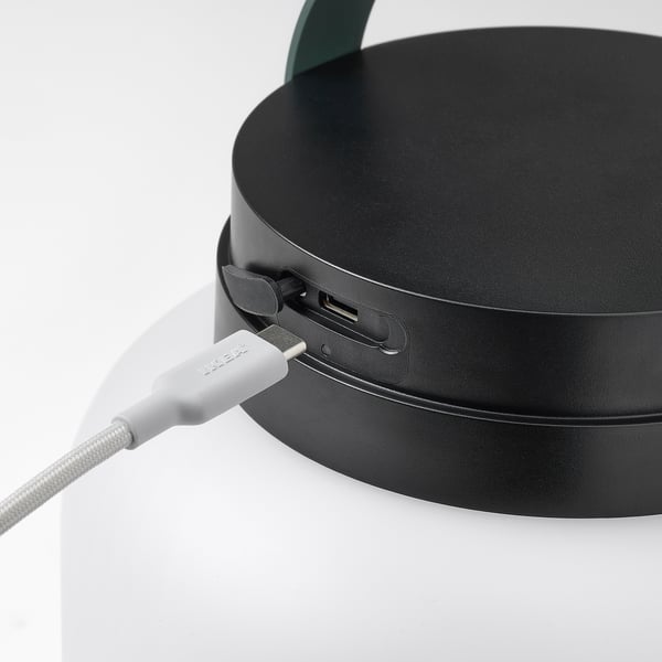 Usb-c charging port on a portable, battery-operated led lamp.
