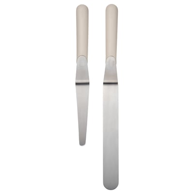 Two LÄTTBAKAD offset spatulas, grey, plastic and stainless steel, sleek design, precise tip, ideal for spreading and frosting.
