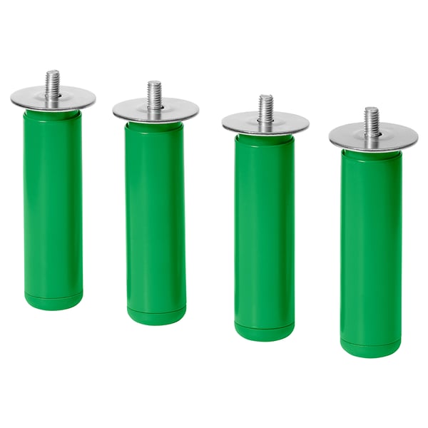 Four green cylindrical legs with silver adjustable tops, designed for storage units.