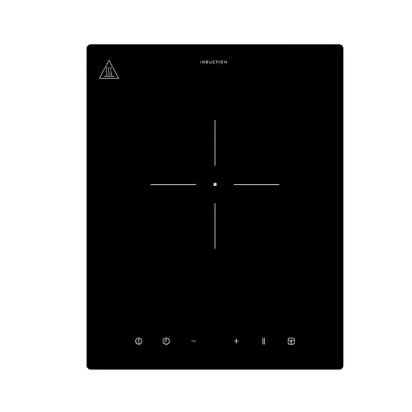 Black induction hob with glass surface, single heating zone, touch control panel, and safety lock key.
