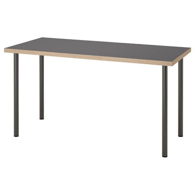 LAGKAPTEN desk, grey top, black legs, rectangular, minimalist design.
