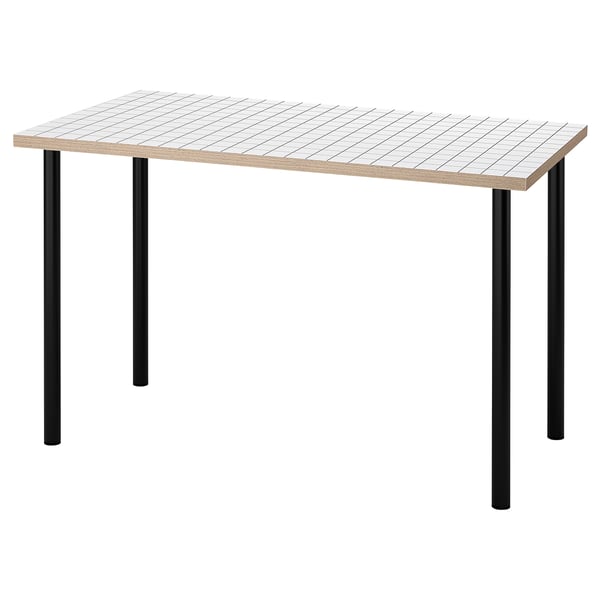 LAGKAPTEN table, light wooden top with textured print, four black metal legs, square design, modern minimalist look.