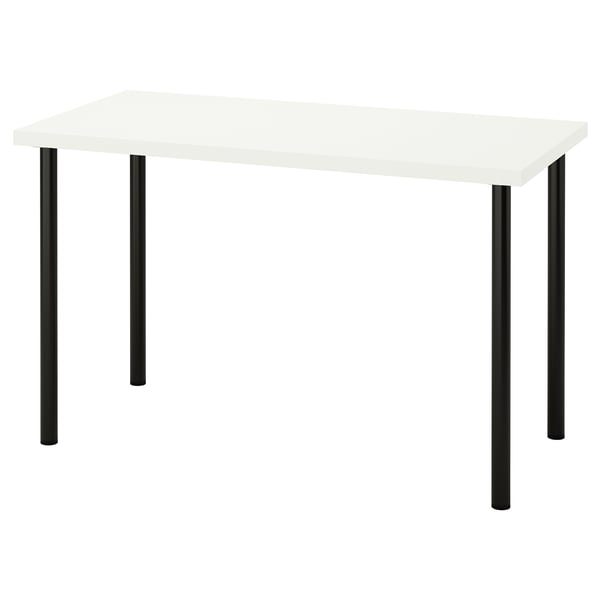 A modern desk, LAGKAPTEN, with white top and black metal legs, rectangular shape, and adjustable feet.