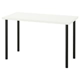 A modern desk, LAGKAPTEN, with white top and black metal legs, rectangular shape, and adjustable feet.