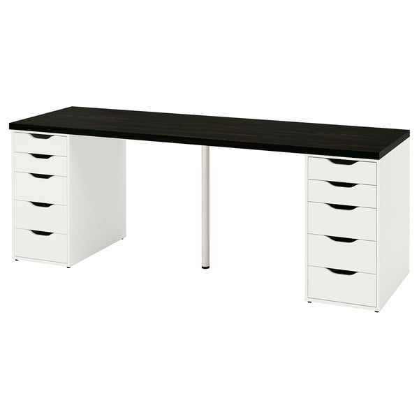 Ikeas LAGKAPTEN desk: black top, white drawers, metal legs, rectangular, minimalist.