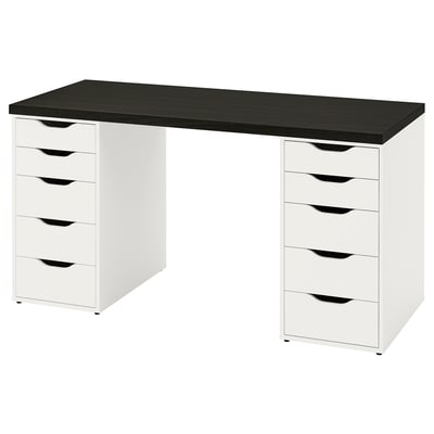 LAGKAPTEN desk: white with black top, rectangular, four drawers on each side, sleek modern design.