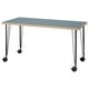 LAGKAPTEN blue desk with black metal legs, casters, and honeycomb-patterned edge, rectangular shape.