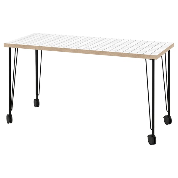 LAGKAPTEN table, beige top, black legs. Modern design with wheels.