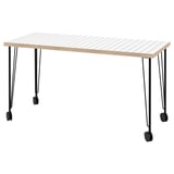 LAGKAPTEN table, beige top, black legs. Modern design with wheels.