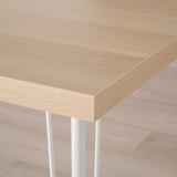 Close-up of modern, light wooden tabletop with clean edges and legs, showcasing sleek, minimalist design.