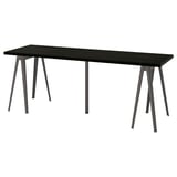 A LAGKAPTEN desk with a dark brown top and metallic legs, featuring a sleek rectangular design.