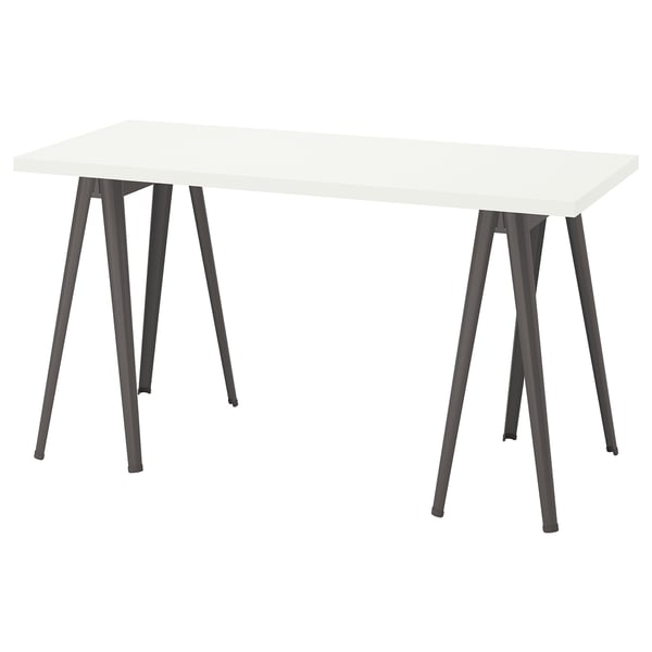 LAGKAPTEN: modern white desk with angular black legs, minimalist design.