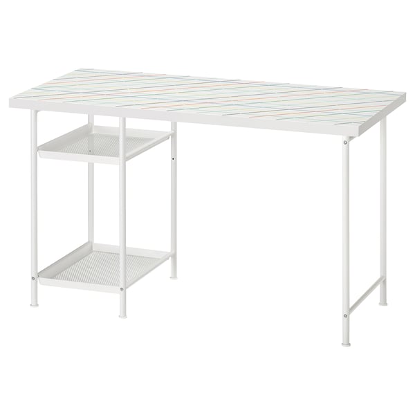White LAGKAPTEN desk with colorful grid top, 2 wire shelves, adjustable feet.