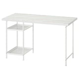 White LAGKAPTEN desk with colorful grid top, 2 wire shelves, adjustable feet.
