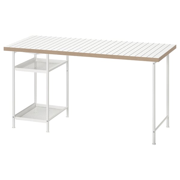 LAGKAPTEN: white desk with honeycomb top, 2 shelves, and metal legs. Modern, symmetrical design.