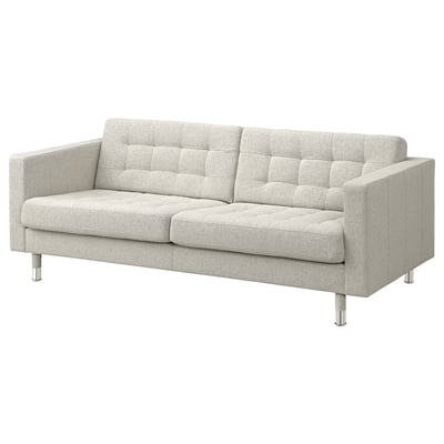 A modern grey LANDSKRONA sofa with chrome legs featuring a soft, tufted design.