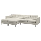 Grey modern l-shaped sectional sofa with chrome legs, featuring tufted back and seat cushions.