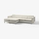 Light grey modern l-shaped sofa with tufted back and seat cushions, wooden legs.
