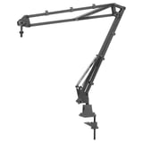 A black LÅNESPELARE mic arm, adjustable, clamps tables/walls, includes cable holder.
