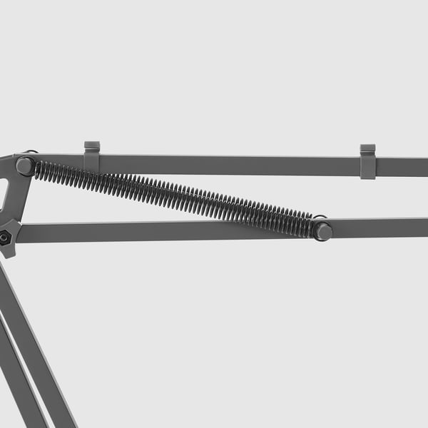 Microphone arm closeup: durable steel, coated, heavy-duty spring, adjustable clamps.
