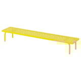 Bright yellow metal desk shelf with perforated surface, four supportive legs, rectangular shape.