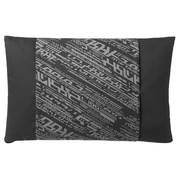 Black LÅNESPELARE cushion, reversible typographic design.