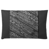 Black LÅNESPELARE cushion, reversible typographic design.