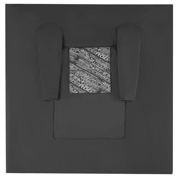 LÅNESPELARE black cushion: soft, rectangular, foldable, with arm slots, featuring a patterned pocket.